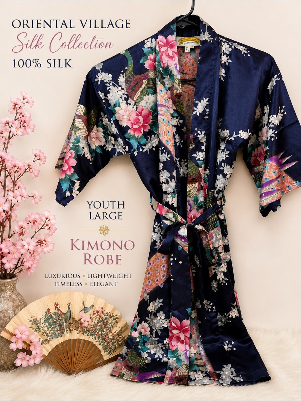 Oriental Village silk youth kimono robe navy peacock floral LARGE boho